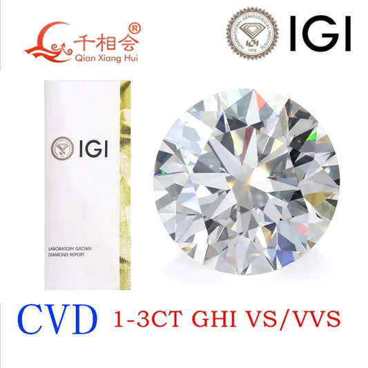 1ct -3ct G H I color VVS1 VS1  CVD diamond clarity 3EX round shape IGI certificated white color lab grown diamond loose stone
