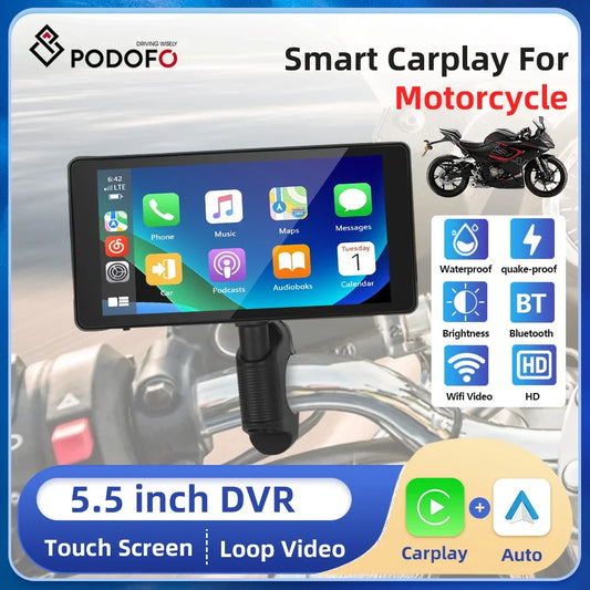 Podofo 5.5'' Motorcycle Monitor DVR Motorcycle Portable Navigator Wireless Carplay Android Auto Drive Recorder WIFI Waterproof